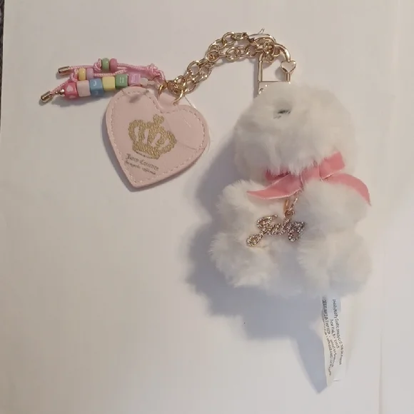 Pink & White Plush Teddy Keychain Bag Charm - Cute Heart Accent - Picture 1 of 6